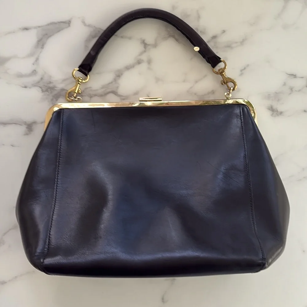 Clare V Black Leather Top-Handle Frame Bag with Gold Hardware